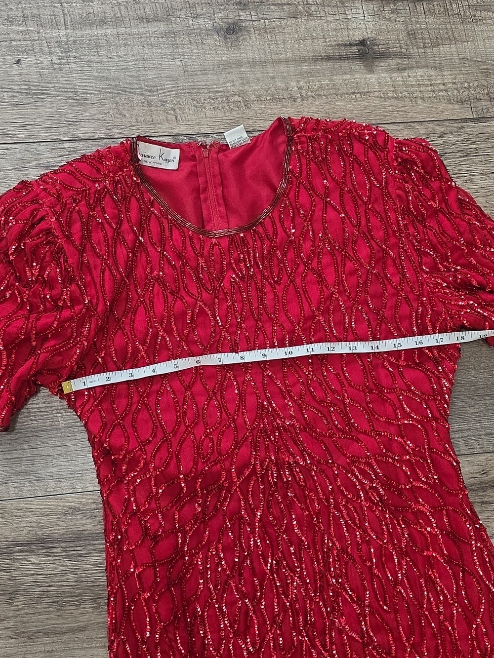 Vintage Laurence Kazar Cocktail 100% Silk Red Sequin Beaded Dress - Picture 3 of 16